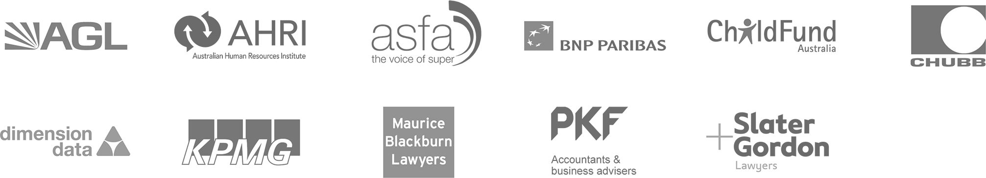 AGL, AHRI, ASFA, BNP Paribas, ChildFund Australia, Chubb, Dimension Data, KPMG, Maurice Blackburn Lawyers, PKF and Slater and Gordon Lawyers